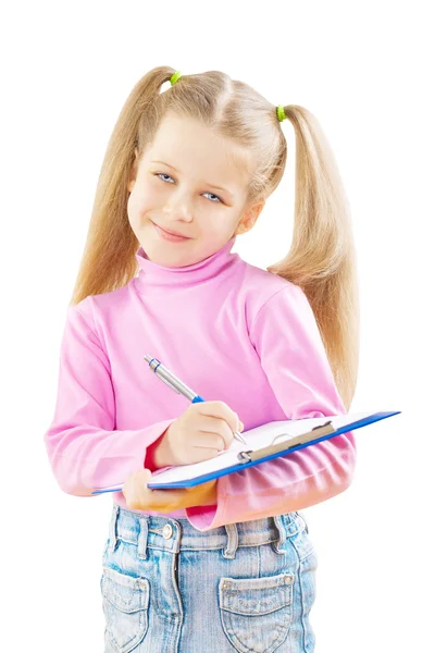 Schoolmeisje met balpen en paperclip — Stockfoto