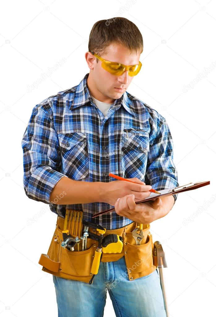 construction worker writing in paperclip
