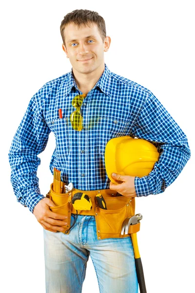 Un trabajador que sostiene el casco aislado —  Fotos de Stock