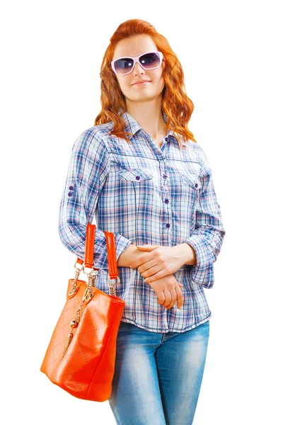 Beautyful female in sunglasses with bag — Stock Photo, Image