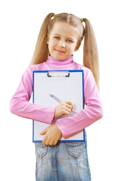 A schoolgirl holding clipboard and ballpoint pen — Stock Photo, Image
