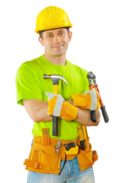 A worker holding hammer and steel cutter — Stock Photo, Image