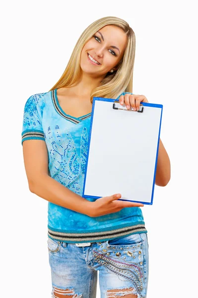 Beautyful female holding clipboard isolated — Stock Photo, Image