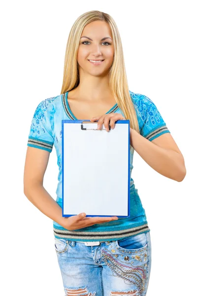 Bela jovem menina segurando prancheta — Fotografia de Stock