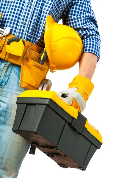 Toolbox in hand of worker — Stock Photo, Image