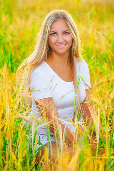 A romantic girl in the field whea — Stock Photo, Image