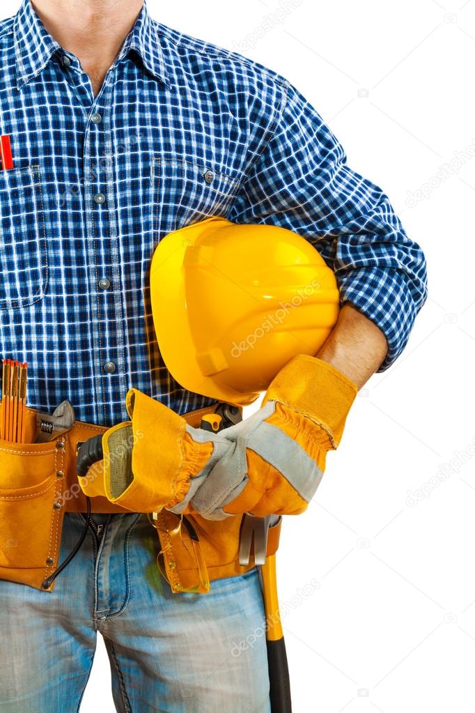 Worker holding hardah wery close up