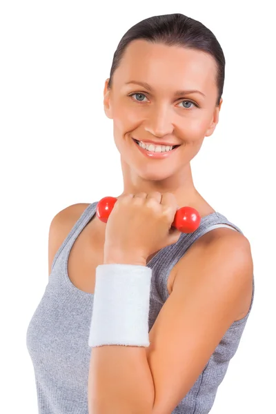 A sportsgirl holding weights isolated — Stock Photo, Image