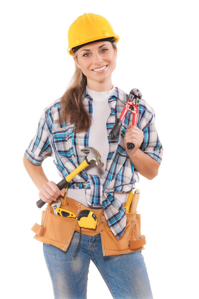 female worker holding tools isolated on white