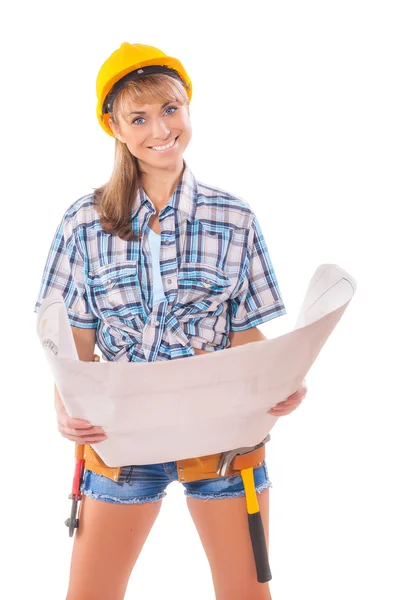 Vrouwelijke werknemer bedrijf blauwdruk — Stockfoto