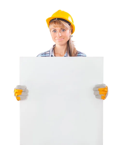 Worker and white plackard — Stock Photo, Image