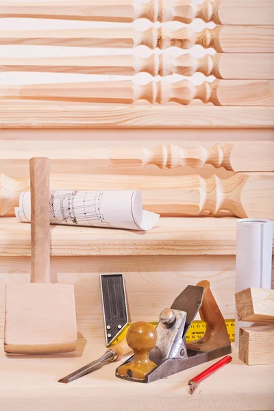 Woodworking tools on steps of wooden lader — Stock Photo, Image