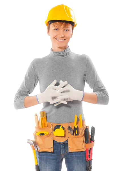 Vrouwelijke werknemer met gekruiste handen geïsoleerd — Stockfoto