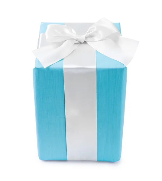 Blauwe geschenkdoos met witte boog — Stockfoto