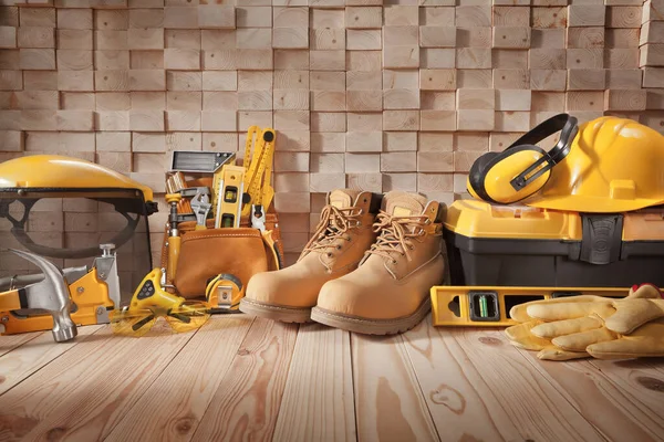 2012 Big Set Various Working Tools Background Stack Wooden Beams — 스톡 사진