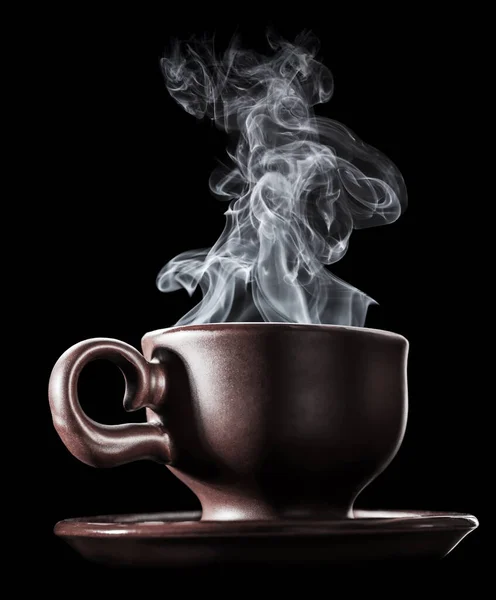 Brown Ceramic Cup Fresh Steaming Fragrant Aromatic Morning Hot Coffee — Stock Photo, Image
