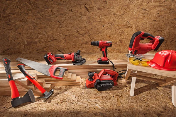Red Carpenters Tools Set Auf Dem Hintergrund Von Sperrholz — Stockfoto