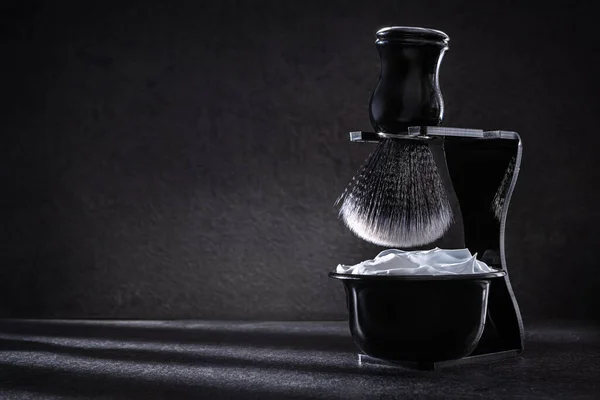 Shaving Foam Shaving Bowl Shaving Brash Stand Kit Dark Background — Stock Photo, Image
