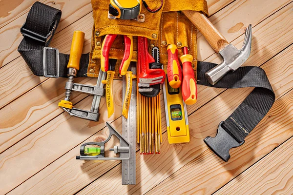 Close View Big Set Carpenter Tools Leather Tool Belt Background — Stock Photo, Image