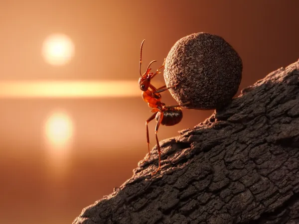 개미 Sisyphus 롤 돌 오르막 산에 로열티 프리 스톡 이미지
