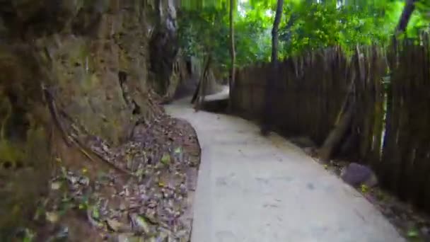 Traffico sul sentiero di cemento lungo le rocce e recinzione di bambù — Video Stock