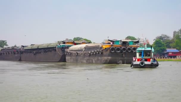 AYUTTHAYA, TAILANDIA - 1 DE ABRIL: Gran metal la barcaza está remolcada por el ancho río Chao Phraya el 11 de abril de 2013 en Ayutthaya, Tailandia. Los ríos utilizan ampliamente como canal de transporte en los países asiáticos . — Vídeos de Stock