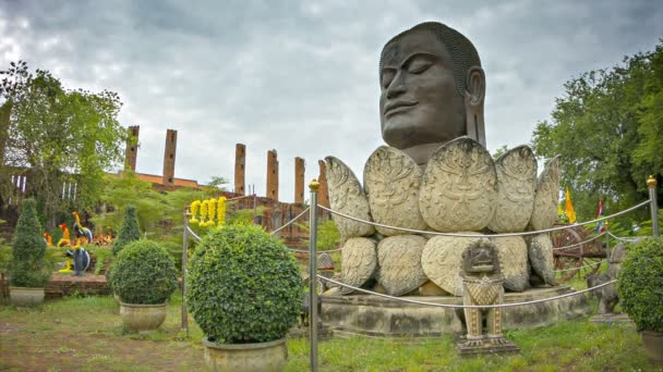 Vídeo 1080p - Cabeça de Buda em uma flor de lótus. Monumento em Ayuthaya, Tailândia — Vídeo de Stock