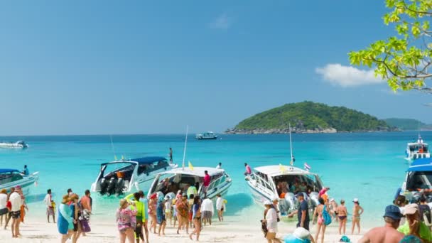 ISLAS SIMILANAS, TAILANDIA - 15 MAR 2014: La playa llena de turistas de diferentes países. Gente subiendo a un barco — Vídeos de Stock