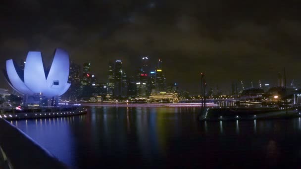 SINGAPORE - 30 DEC 2013: ArtScience Museum and city skyscrapers at night — Stock Video