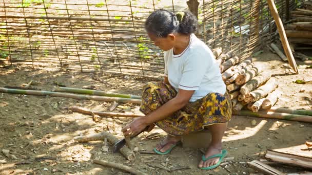 LUANG PRABANG, LAOS - CIRCA DEC 2013: Mulher local faz uma estaca de madeira com um facão — Vídeo de Stock