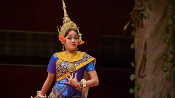 SIEM REAP, CAMBODIA - 23 DEC 2013: Casal dança em traje tradicional de personagens míticos — Vídeo de Stock