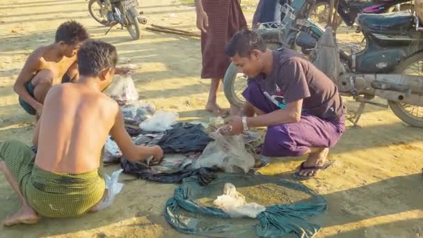 MANDALAY, MYANMAR - 13 JAN 2014: Local fishermen share their catch on the lake shore — Stock Video