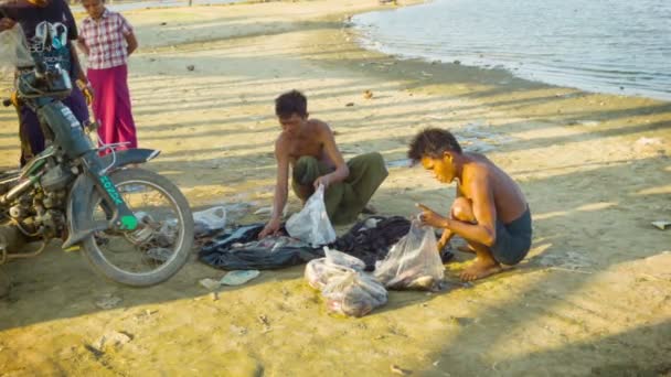 Mandalay, myanmar - 13 jan 2014: mann sortiert, wiegt und teilt frisch gefangenen fisch — Stockvideo