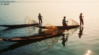 video 1080p - myanmar, Inle Gölü. Balıkçılar vintage tekne eve yakalamak ile yelken