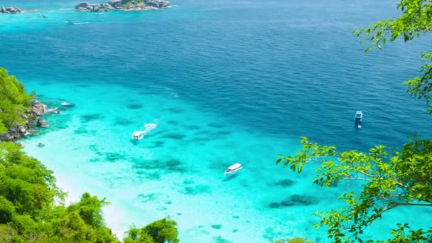 Vidéo 1080p - Yachts en eau peu profonde près de l'île tropicale. Vue de la montagne. Thaïlande, Similan — Video