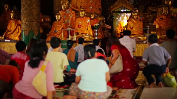 YANGON, MYANMAR - 03 JAN 2014: People pray at the Shwedagon Zedi Daw temple — Stock video