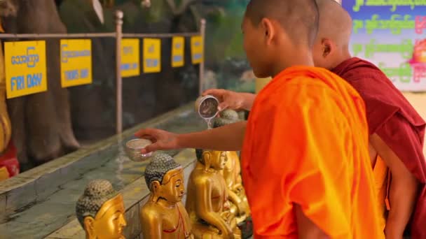 MANDALAY, MYANMAR - 13 JAN 2014: Монахи поливали статуи Будды. Каждая статуя соответствует дню недели — стоковое видео
