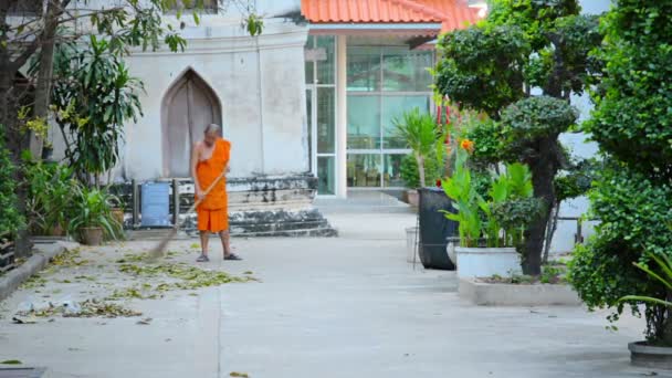 Bangkok, thailand - circa nov 2013: monnik veegt grondgebied van het boeddhistische klooster — Stockvideo