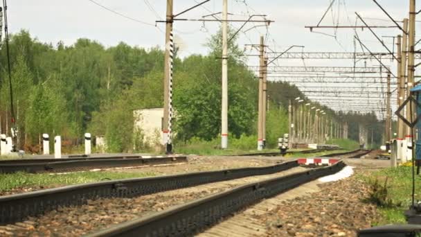 Lukino, Rusya Federasyonu - Nisan 2014 yaklaşık: traktör, otomobil ve kamyon taşıma ile demiryolu Geçidi — Stok video