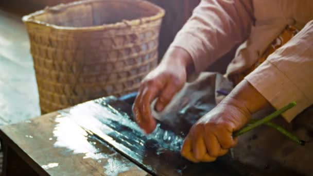 Video 1080p - Woman makes yarn from the juice from stem of lotus flower. old-fashioned way. Burma, Inle Lake — Stock Video