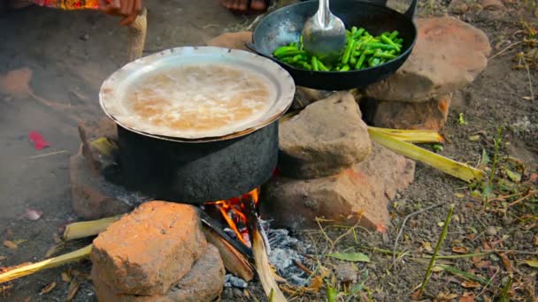 Video 1080p - Cucinare su un fuoco all'aria aperta. Quindi dai da mangiare ai mercanti alla fiera. Bagan, Myanmar — Video Stock
