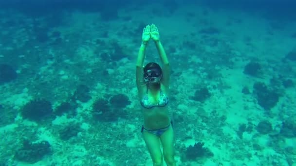 Wideo 1080p - dziewczyna pojawia się po głębokie nurkowania w morzu. Pokaż, że wszystko jest w porządku. — Wideo stockowe
