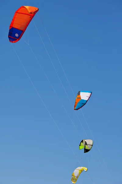 Um monte de kiteboarding pipas no céu azul — Fotografia de Stock