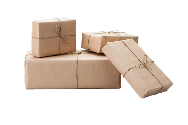 Boxes wrapped with brown kraft paper isolated on white backgroun — Stock Photo, Image