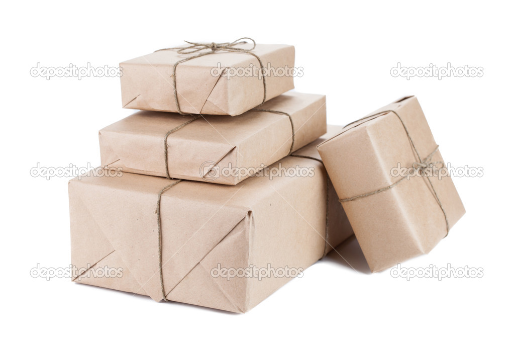 Boxes wrapped with brown kraft paper isolated on white backgroun