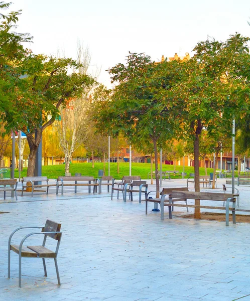 Parque Urbano Vazio Árvores Bancos Sem Pessoas Barcelona Espanha — Fotografia de Stock