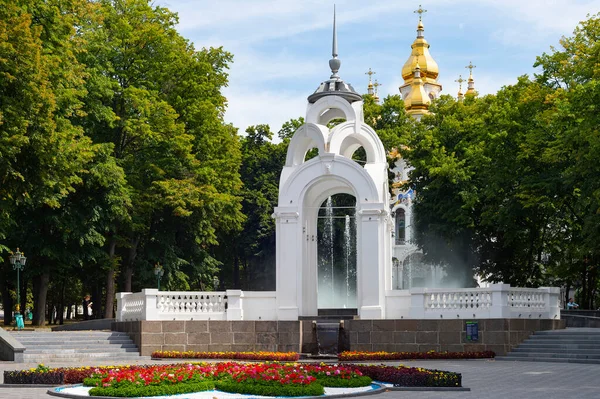 ミラーストリーム噴水公園で花や緑の木 背景にハリコフのミラーベアリング寺院 ウクライナ — ストック写真