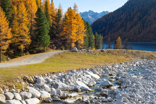 Podzimní Horská Krajina Řekou Zasněžené Vrcholy Pozadí Alpy Itálie — Stock fotografie