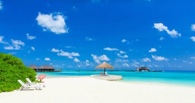 Kaç palmiye ağaçları ve mavi lagün Maldivler beyaz tropikal plaj