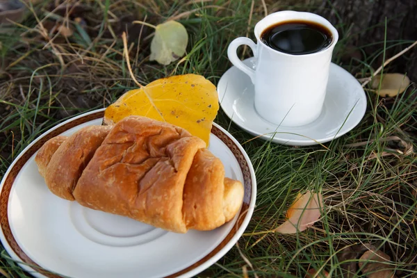 Autumn scene. Coffee and croissant. beautiful day — Stock Photo, Image